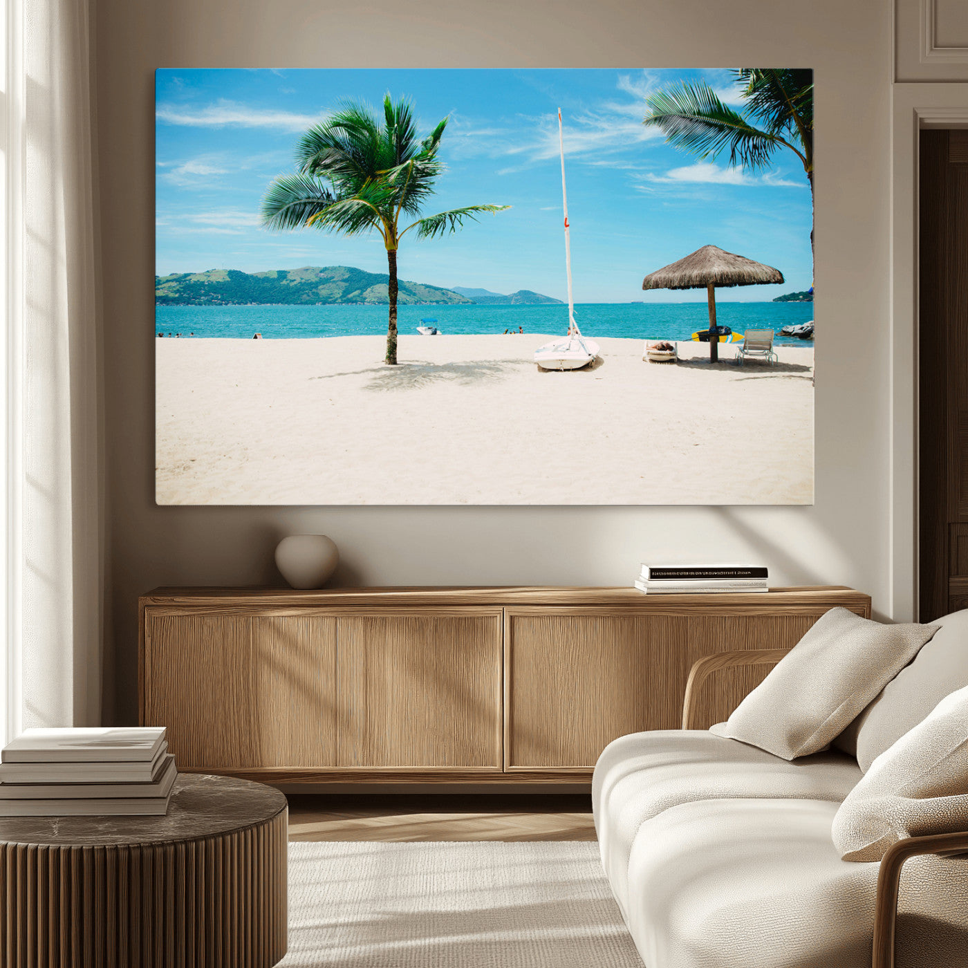 42623350-MGV-CV-36X24-Tropical Beach Wall Art Canvas Print, Framed Palm Tree Art Picture Print, Ocean View Perfect Tropical Coastal Decor Artwork