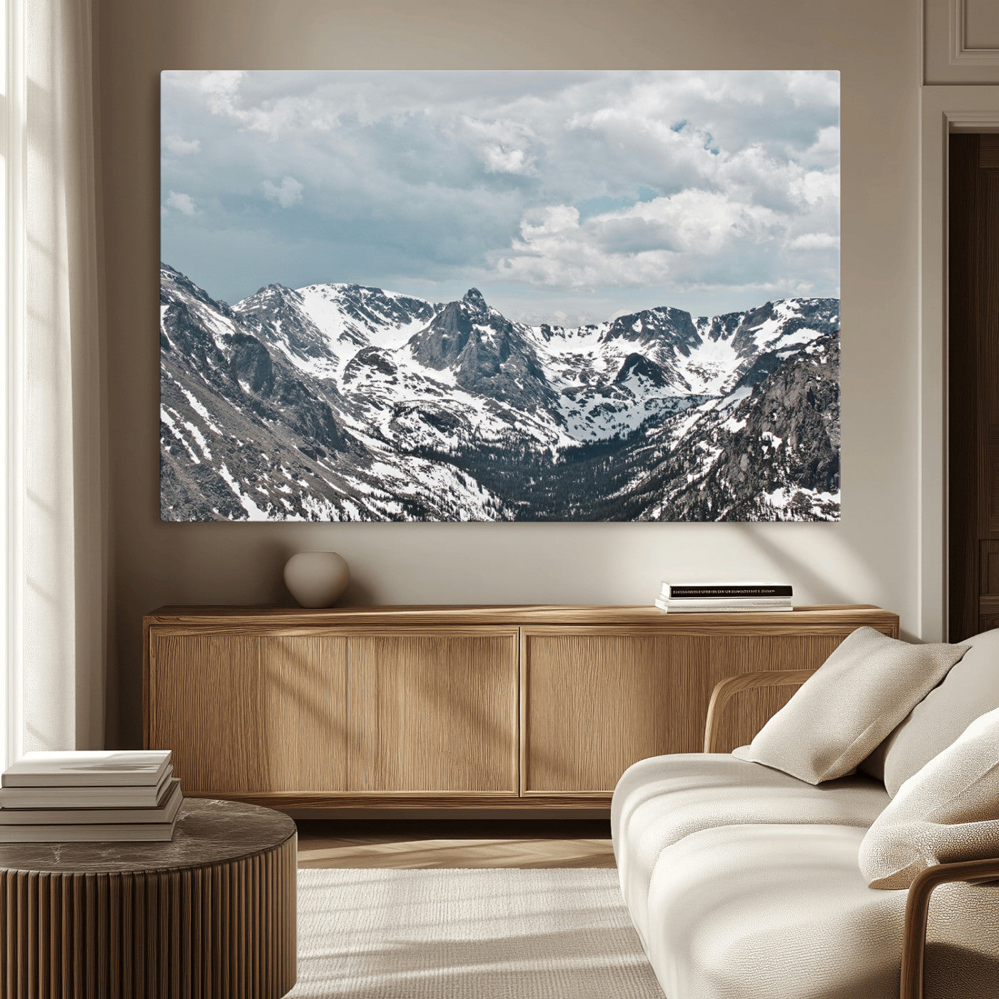 94074619-MGV-CV-36X24-Snowy Peaks Wall Art Canvas Print, Framed Alpine Wilderness Art Picture Print, Mountain Escape Perfect Winter Serenity Decor