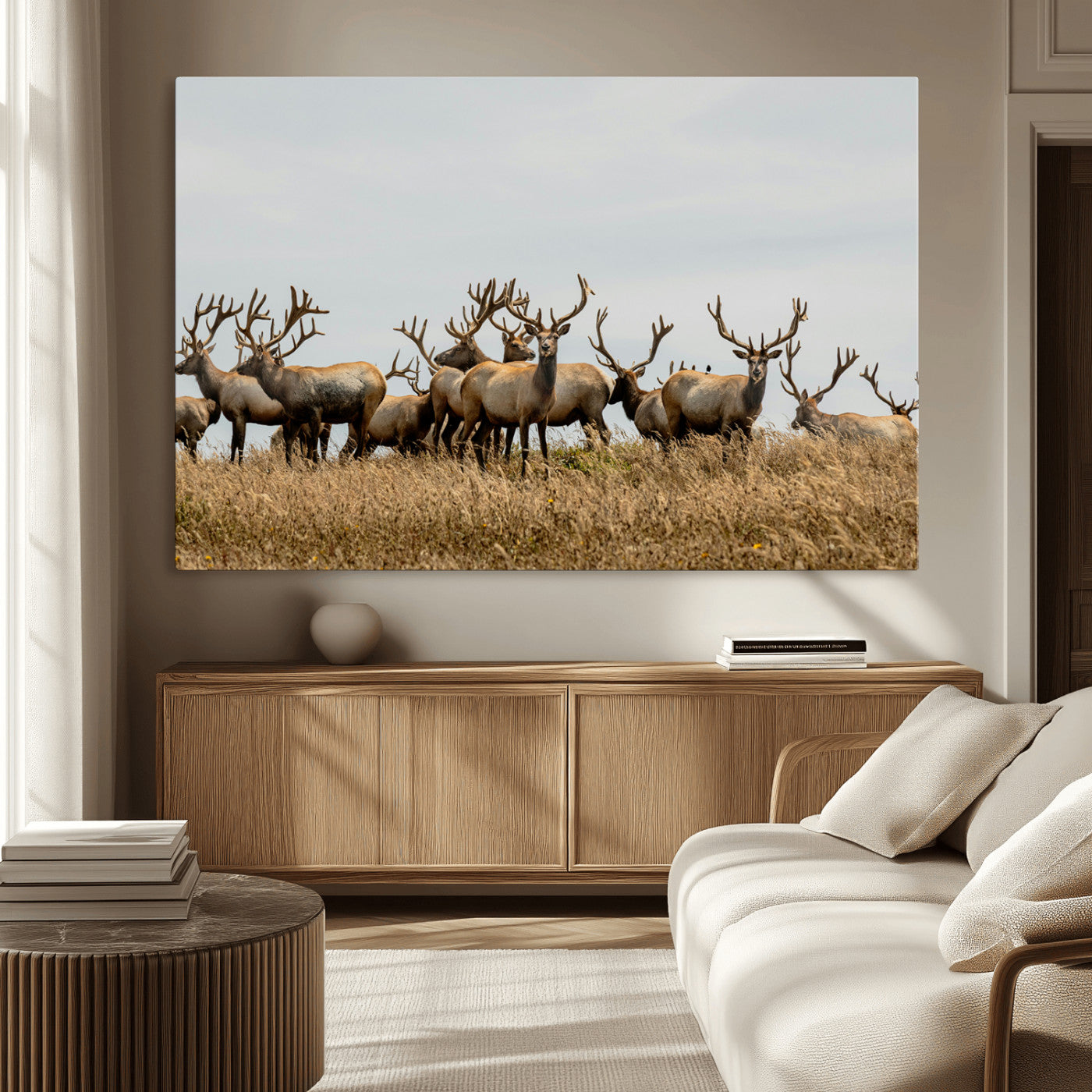 42170220-MGV-CV-36X24-Elk Herd Wall Art Canvas Print, Framed Wildlife Photography Art Picture Print, Majestic Antlers Perfect Rustic Wildlife Decor