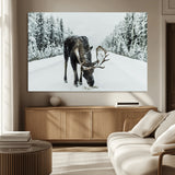 13316292-MGV-CV-36X24-Moose in Snow Wall Art Canvas Print, Framed Winter Wildlife Art Picture Print, Snowy Forest Scene Perfect Rustic Lodge Decor