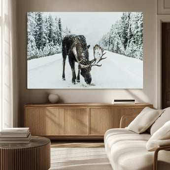 13316292-MGV-CV-36X24-Moose in Snow Wall Art Canvas Print, Framed Winter Wildlife Art Picture Print, Snowy Forest Scene Perfect Rustic Lodge Decor