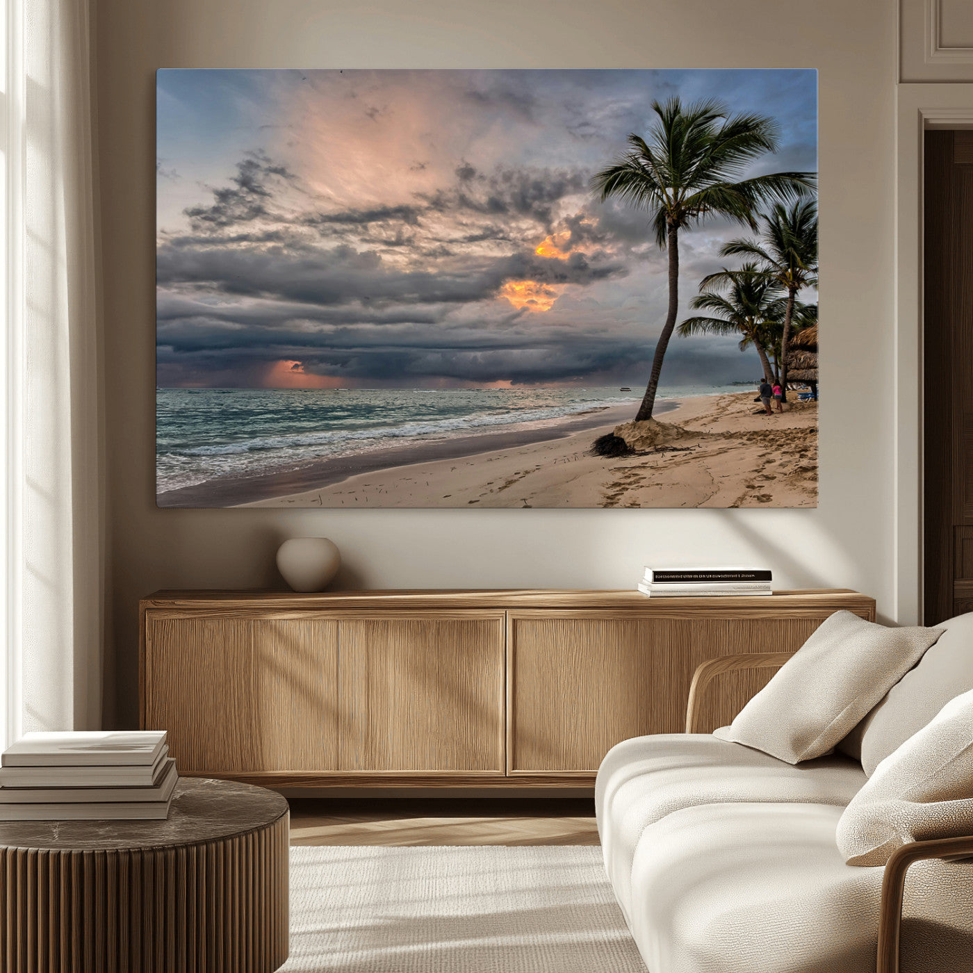 62574547-MGV-CV-36X24-Tropical Storm Wall Art Canvas Print, Framed Moody Beach Art Picture Print, Dramatic Sky Perfect Tropical Coastal Decor Artwork