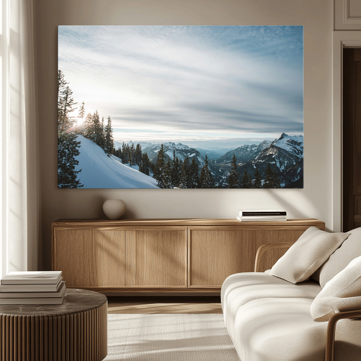 55564749-MGV-CV-36X24-Snowy Mountains Wall Art Canvas Print, Framed Alpine Landscape Art Picture Print, Frosty Peaks Perfect Nordic Minimalist Decor