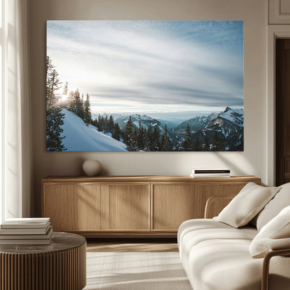 55564749-MGV-CV-36X24-Snowy Mountains Wall Art Canvas Print, Framed Alpine Landscape Art Picture Print, Frosty Peaks Perfect Nordic Minimalist Decor