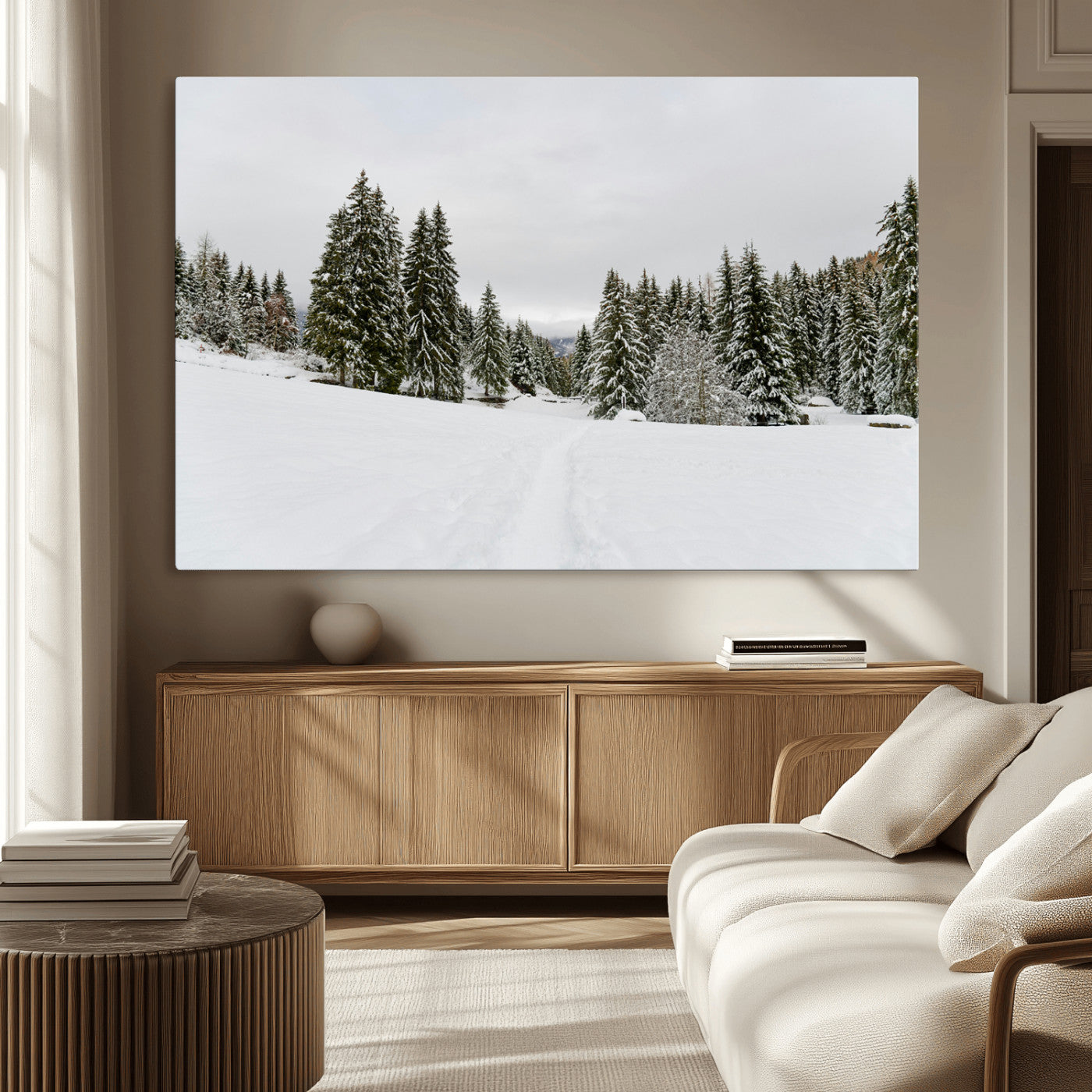 24581417-MGV-CV-36X24-Frosty Pines Wall Art Canvas Print, Framed Silent Snowfall Art Picture Print, Cozy Cabin Vibes Perfect Nordic Minimalist Decor