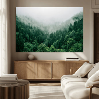 45265379-MGV-CV-36X24-Misty Forest Wall Art – Green Mountain Pine Tree Landscape Canvas Print, Nature Photography Artwork Home Decor for Bedroom, Living