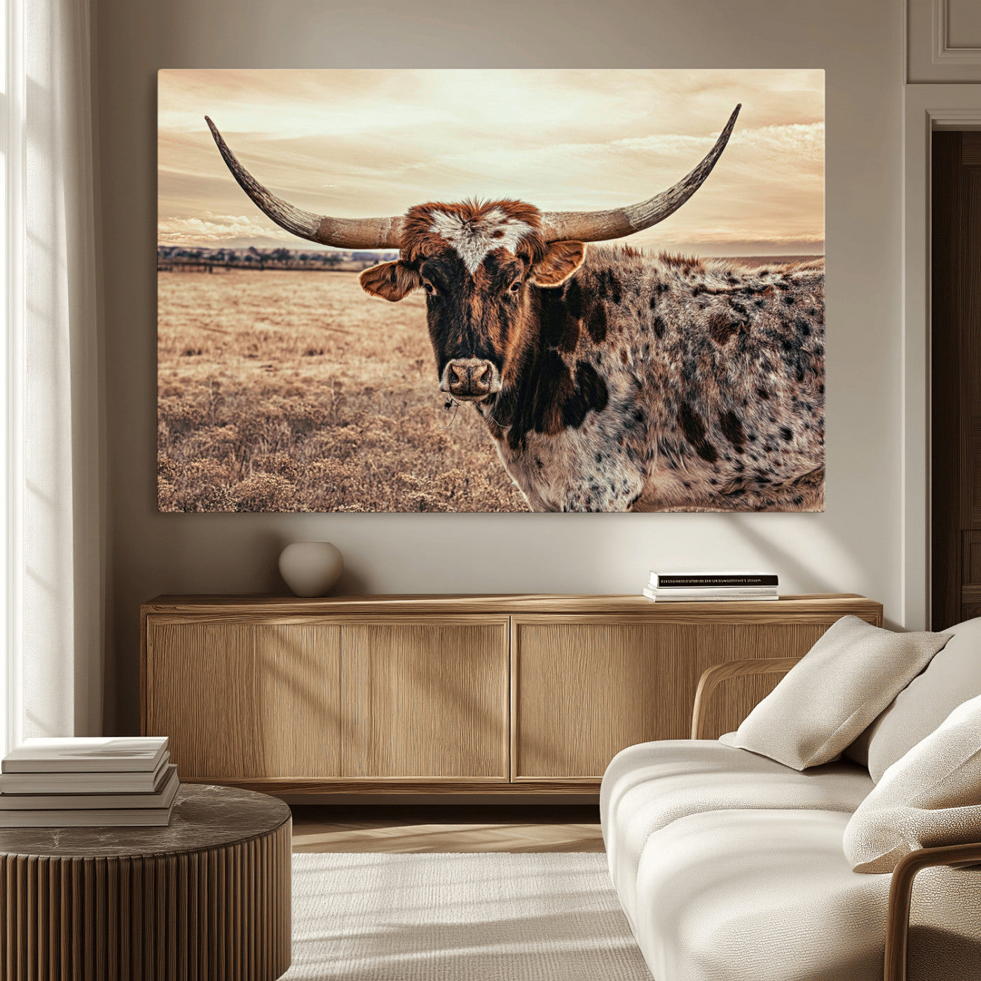 95745718-MGV-CV-36X24-Texas Longhorn Wall Art – Western Cattle Photography Canvas Print, Rustic Ranch Animal Artwork Country Farmhouse Decor for Living