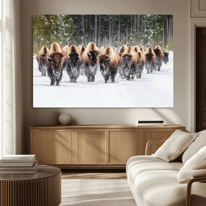 96906195-MGV-CV-36X24-Bison Herd Wall Art – American Buffalo Wildlife Photography Canvas Print, Winter Snow Scene Western Nature Decor for Living Room,