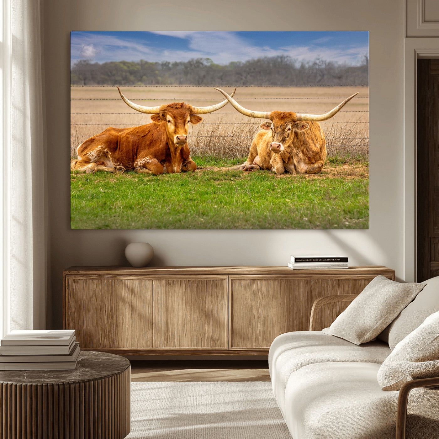 54598515-MGV-CV-36X24-Texas Longhorns Wall Art – Rustic Cattle Ranch Canvas Print, Western Farmhouse Animal Photography Decor for Living Room, Office,
