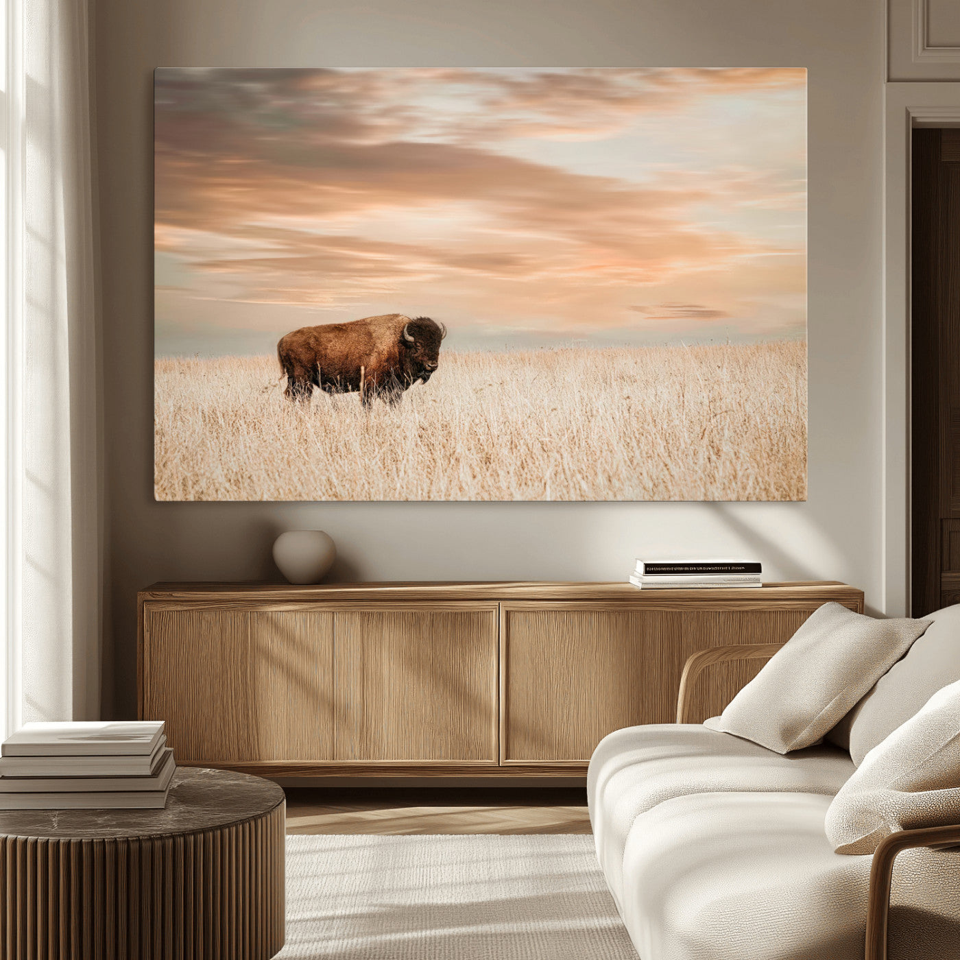 20306324-MGV-CV-36X24-Bison Wall Art – Lone American Buffalo Prairie Sunset Canvas Print, Rustic Western Wildlife Photography Decor for Living Room,