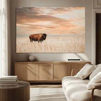 20306324-MGV-CV-36X24-Bison Wall Art – Lone American Buffalo Prairie Sunset Canvas Print, Rustic Western Wildlife Photography Decor for Living Room,