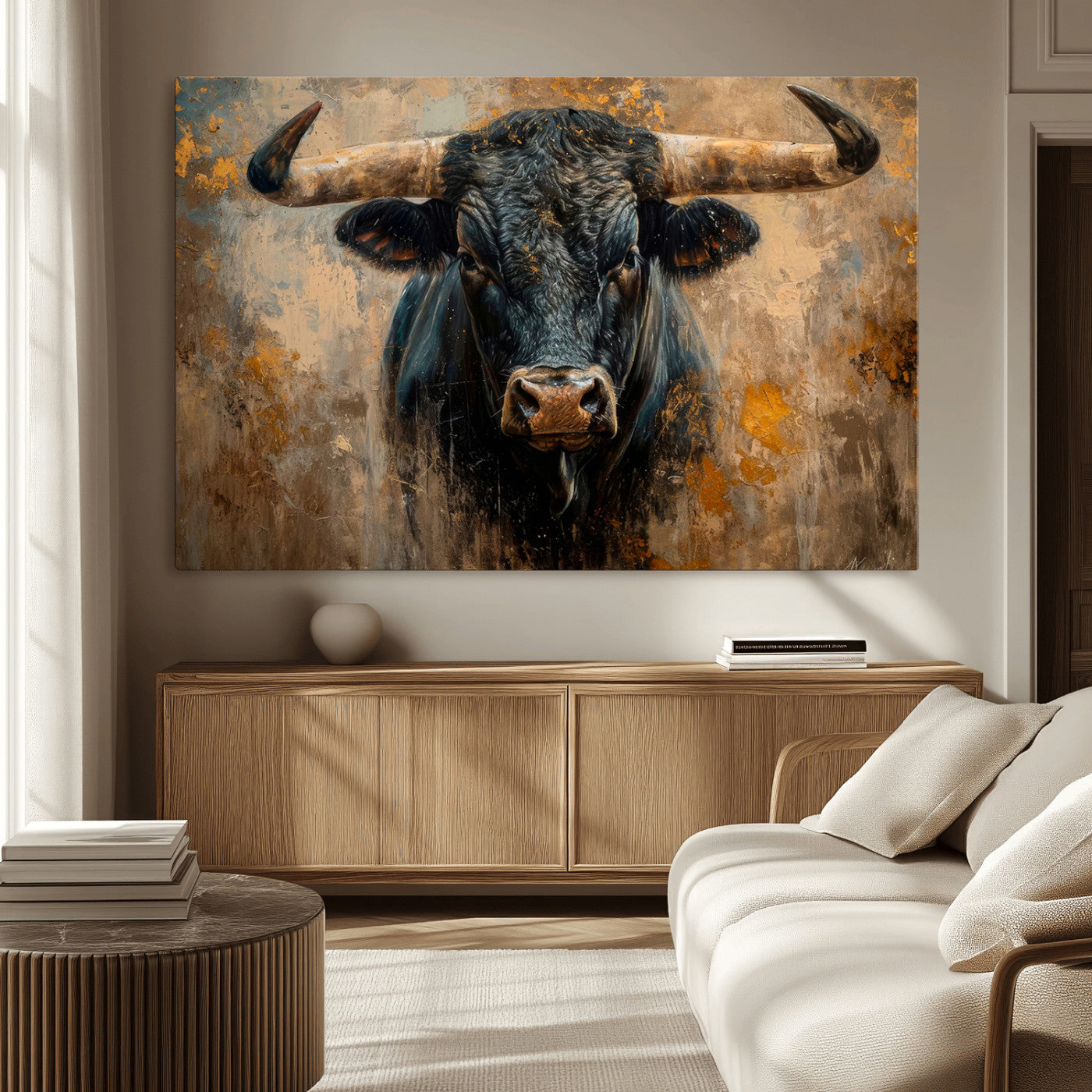 91615410-MGV-CV-36X24-Bull Wall Art – Rustic Western Longhorn Canvas Print, Powerful Abstract Animal Painting, Farmhouse Ranch Decor for Living Room,
