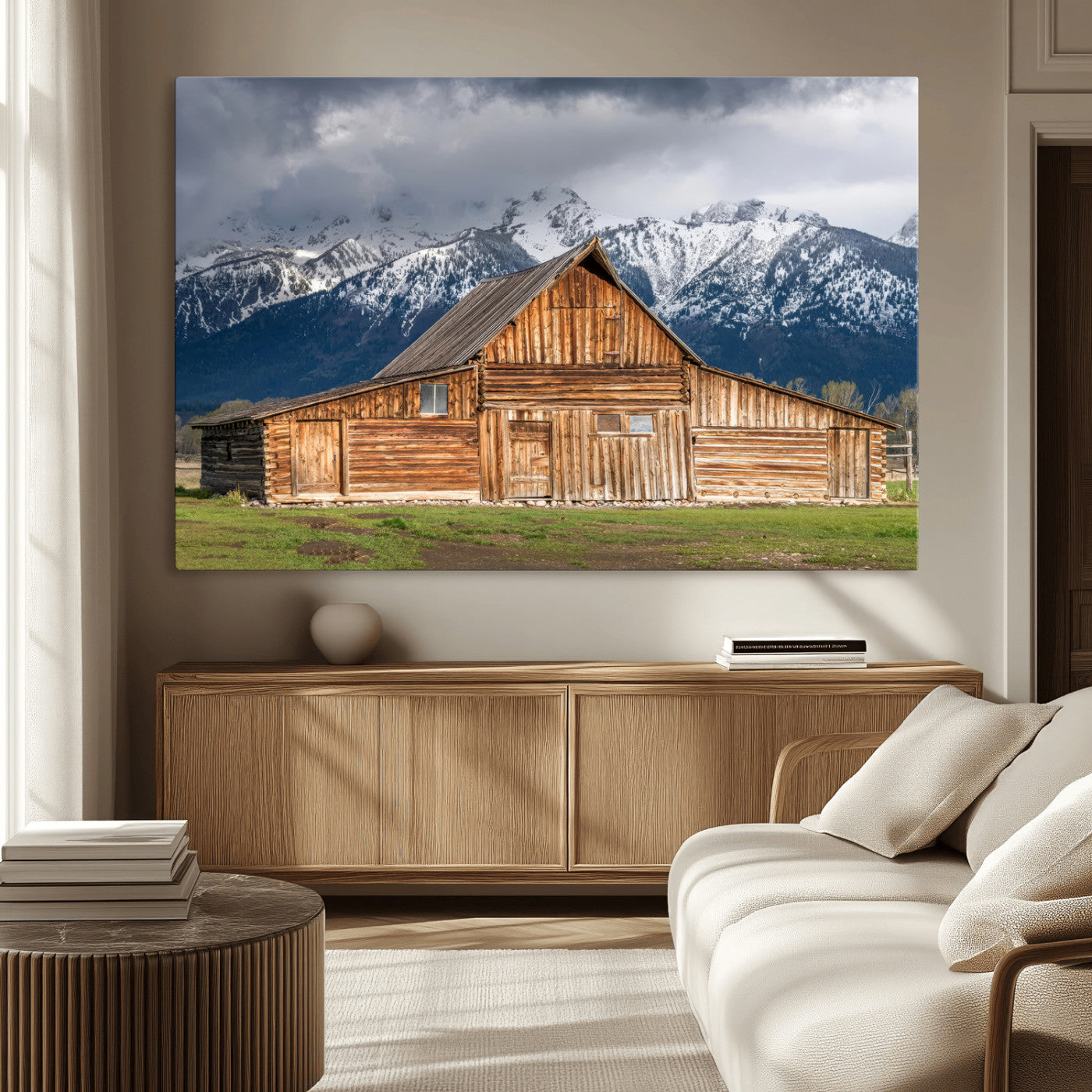 15173627-MGV-CV-36X24-Barn Wall Art – Rustic Wooden Cabin Canvas Print with Snowy Mountain Landscape, Western Farmhouse Country Decor for Living Room,