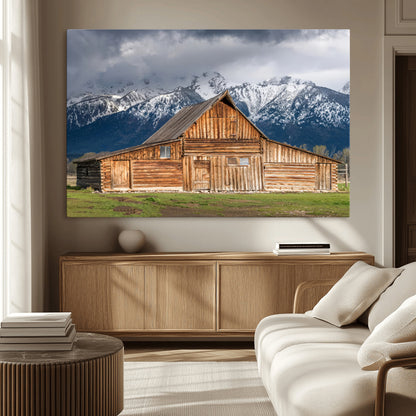 15173627-MGV-CV-36X24-Barn Wall Art – Rustic Wooden Cabin Canvas Print with Snowy Mountain Landscape, Western Farmhouse Country Decor for Living Room,