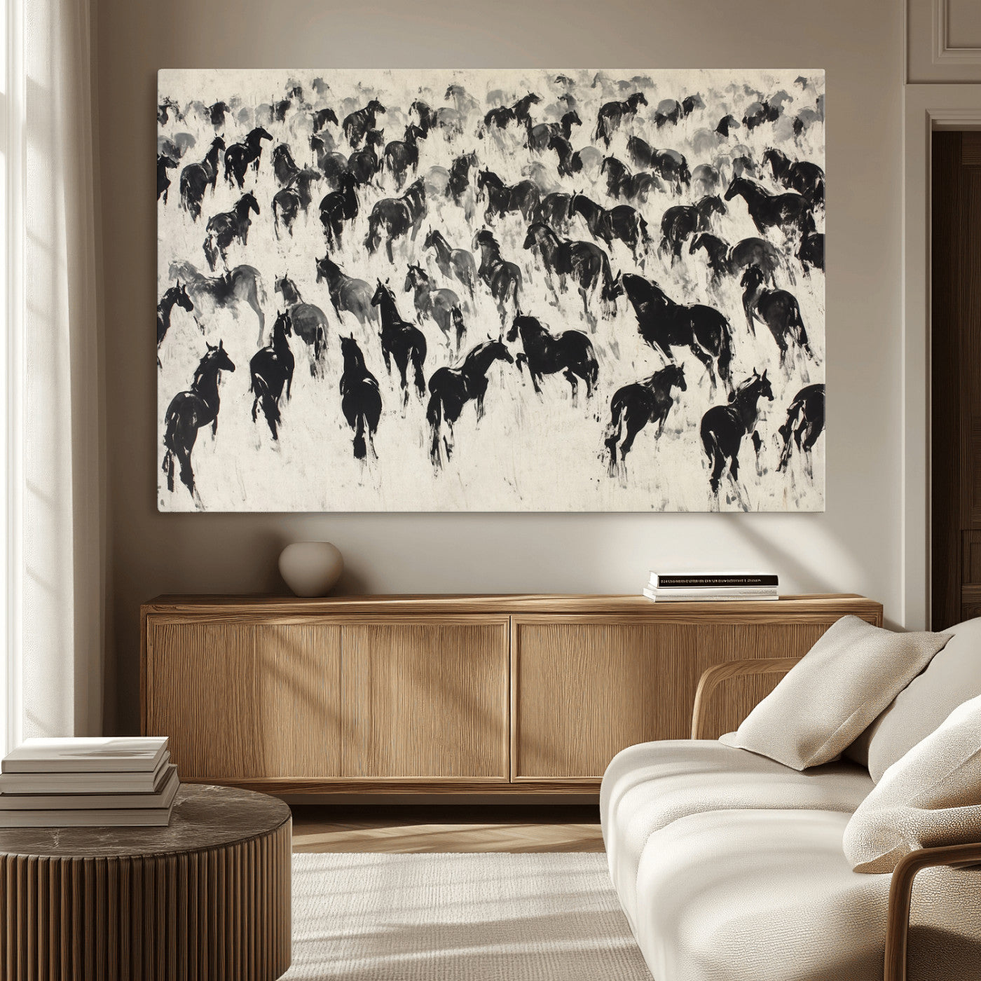 29265745-MGV-CV-36X24-Wild Horse Herd Wall Art – Black and White Galloping Horses Canvas Print, Rustic Western Farmhouse Décor for Living Room, Bedroom,