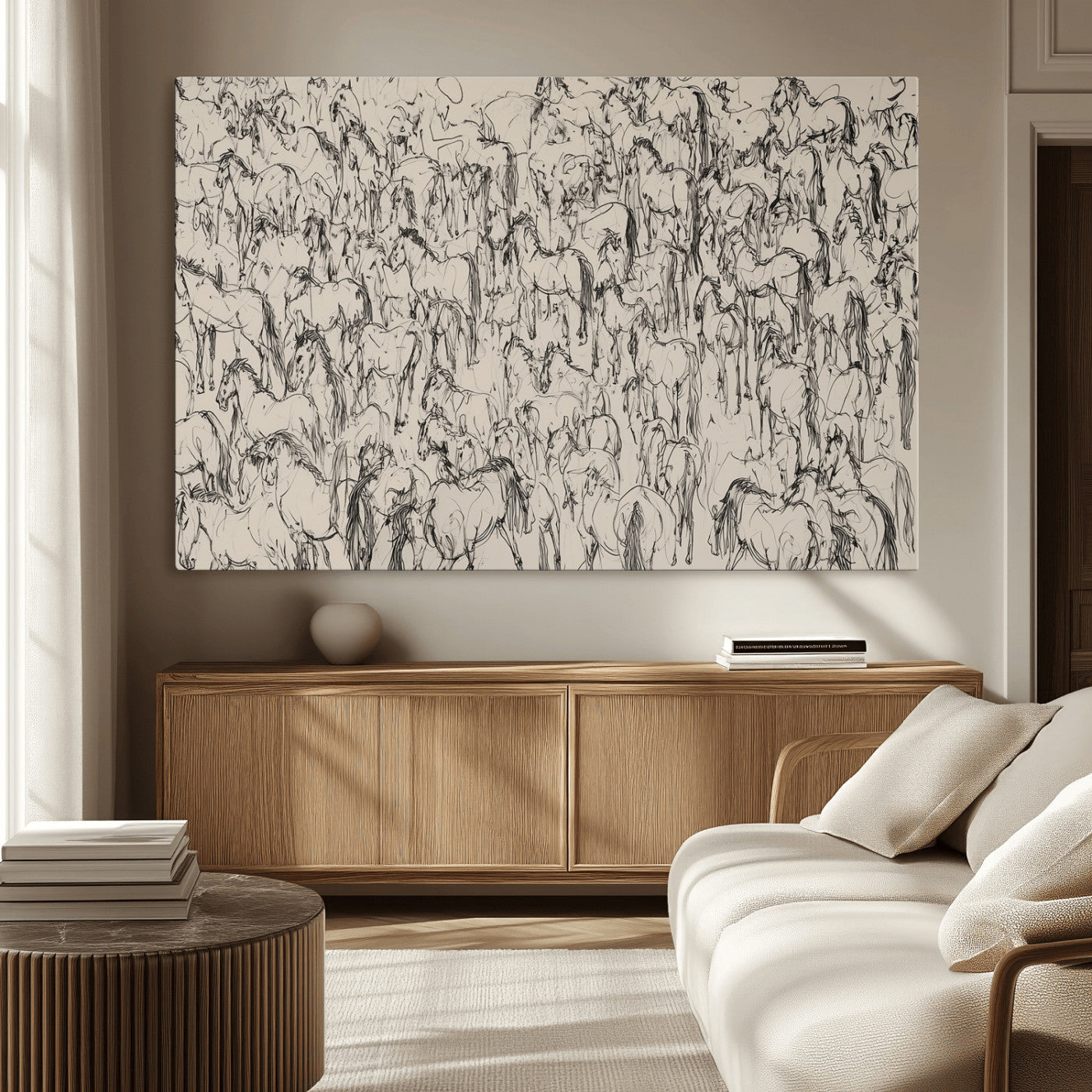 12358908-MGV-CV-36X24-Horse Herd Sketch Wall Art – Abstract Wild Horses Line Drawing Canvas Print, Rustic Western Style Equestrian Decor for Living