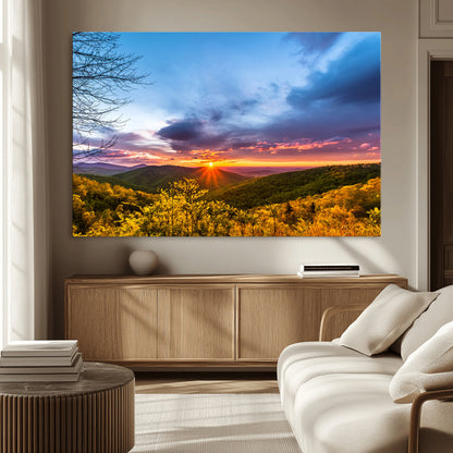 25786346-MGV-CV-36X24-Sunset Over Mountains Wall Art – Nature Landscape Canvas Print, Golden Hour Forest Photography, Scenic Sunrise Artwork for Living