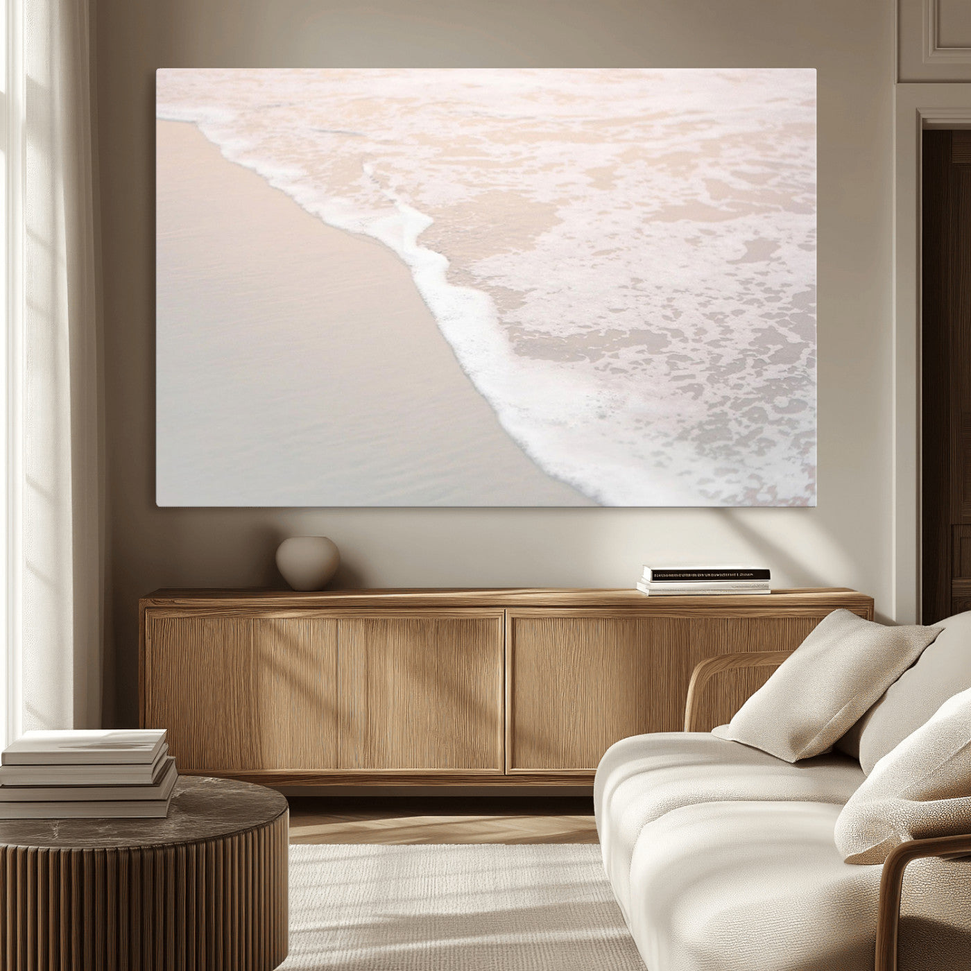 28414510-MGV-CV-36X24-Ocean Shoreline Wall Art – Minimal Coastal Beach Canvas Print, Soft Sea Foam and Sand Photography Artwork, Relaxing Nautical Decor