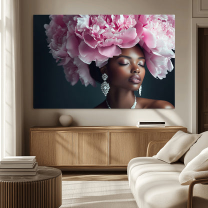 35482880-MGV-CV-36X24-Floral Portrait Wall Art – Elegant Woman with Pink Peony Headpiece Canvas Print, Luxury Fashion Inspired Artwork, Modern Glam