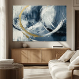 97295757-MGV-CV-36X24-Abstract Blue and Gold Wall Art – Modern Luxury Canvas Print, Navy White Brushstroke Painting, Contemporary Living Room Office