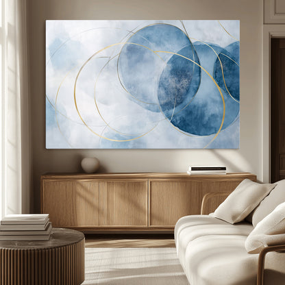 47060443-MGV-CV-36X24-Blue Abstract Circle Wall Art – Modern Gold and Navy Canvas Print, Minimalist Geometric Painting for Living Room, Bedroom, Office