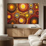81120549-MGV-CV-36X24-Abstract Dot Painting Wall Art – Vibrant Tribal Boho Style Canvas Print with Sunburst Mandala Circles in Warm Red, Yellow, Orange
