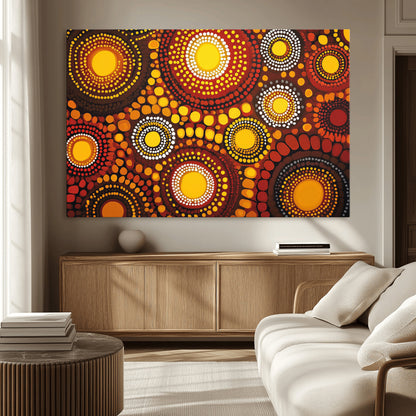 81120549-MGV-CV-36X24-Abstract Dot Painting Wall Art – Vibrant Tribal Boho Style Canvas Print with Sunburst Mandala Circles in Warm Red, Yellow, Orange