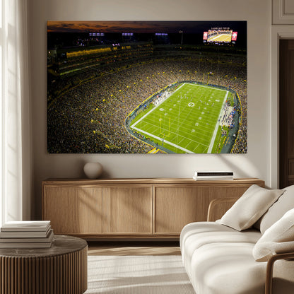 23655234-MGV-CV-36X24-Lambeau Field Stadium Wall Art – American Football Night Game Canvas Print with Packed Crowd and Lights – Sports Decor for Man