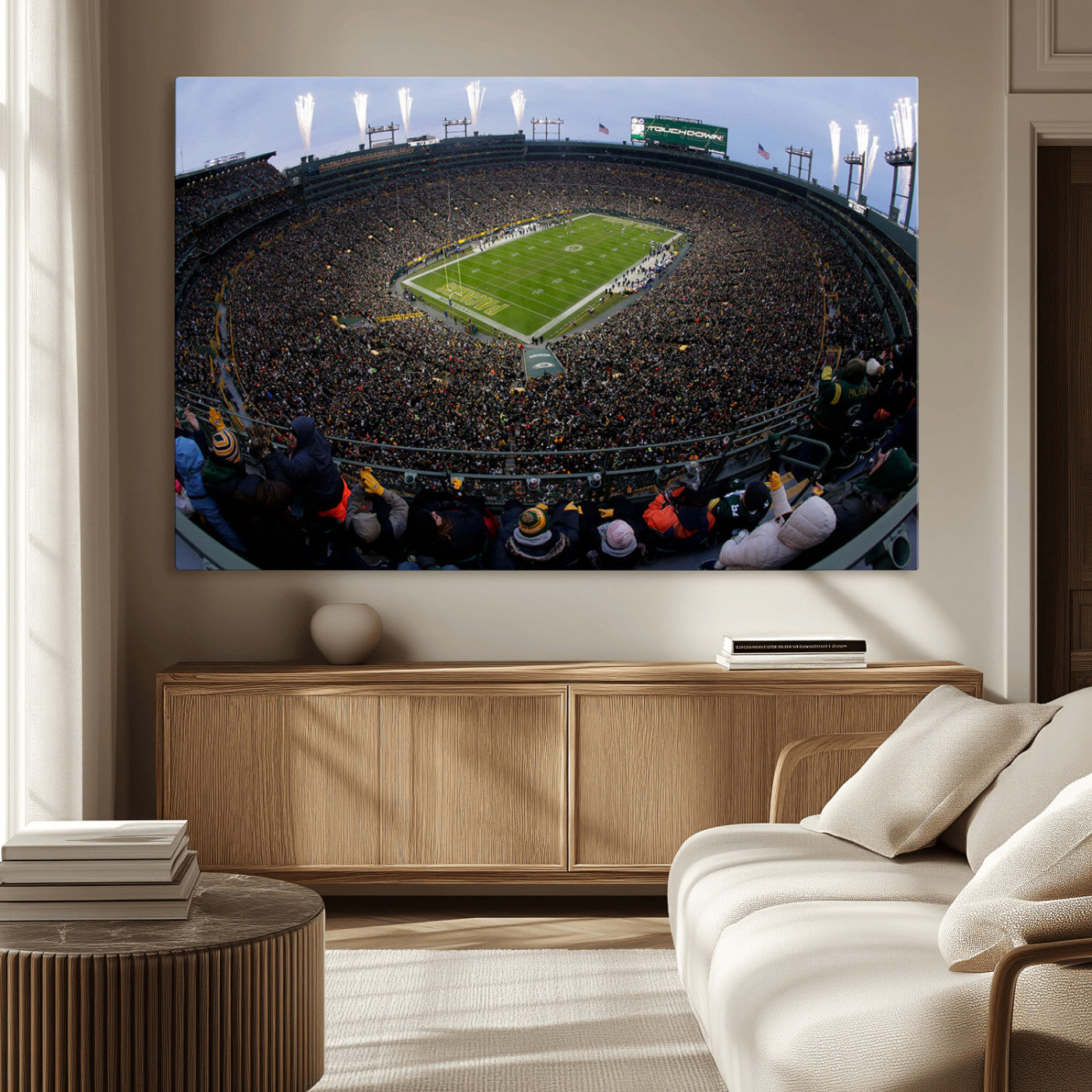 14387817-MGV-CV-36X24-Lambeau Field Stadium Wall Art – Green Bay Packers Game Day Canvas Print with Fireworks and Crowd – NFL Football Fan Man Cave