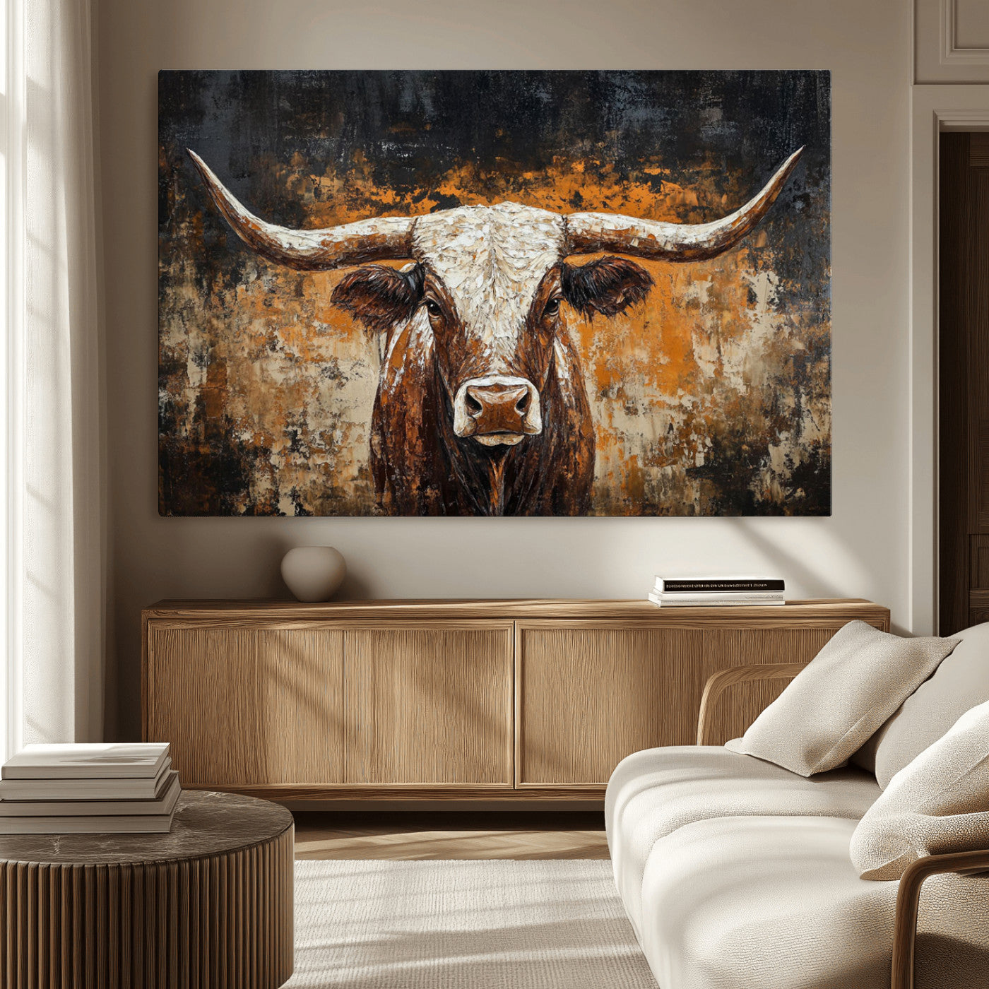 25265572-MGV-CV-36X24-Longhorn Bull Wall Art – Rustic Western Texas Steer Canvas Print, Textured Animal Painting for Home, Office, Man Cave or Farmhouse