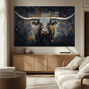 93195031-MGV-CV-36X24-Dark Longhorn Bull Wall Art – Western Steer Canvas Print, Moody Rustic Animal Painting for Man Cave, Ranch House, Office or Modern