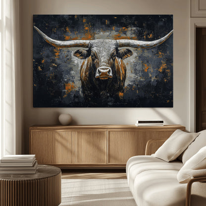 93195031-MGV-CV-36X24-Dark Longhorn Bull Wall Art – Western Steer Canvas Print, Moody Rustic Animal Painting for Man Cave, Ranch House, Office or Modern