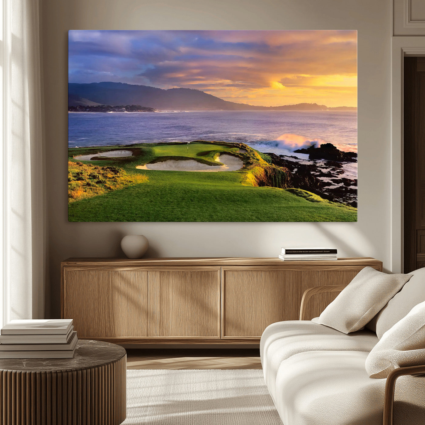39644075-MGV-CV-36X24-Golf Course Wall Art – Coastal Sunset Canvas Print, Scenic Oceanfront Fairway Landscape Decor for Office, Man Cave, or Living Room