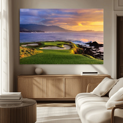 39644075-MGV-CV-36X24-Golf Course Wall Art – Coastal Sunset Canvas Print, Scenic Oceanfront Fairway Landscape Decor for Office, Man Cave, or Living Room