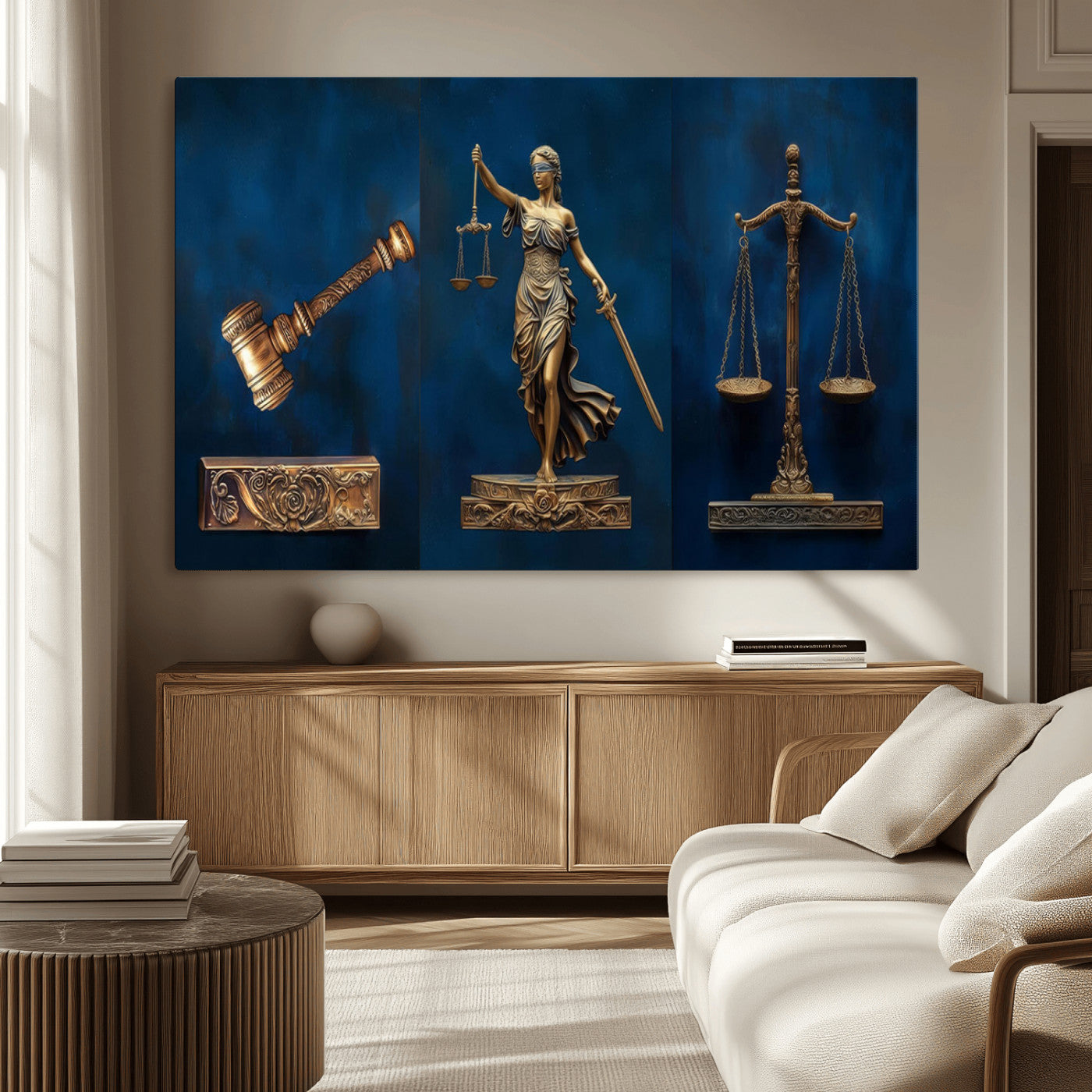 91629053-MGV-CV-36X24-Lady Justice Wall Art – Golden Gavel and Scales Canvas Print, Elegant Legal Office Decor for Lawyers, Judges, Courtroom or Study