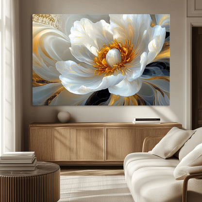 39604126-MGV-CV-36X24-Abstract Flower Wall Art – Elegant White and Gold Bloom Canvas Print, Modern Floral Artwork for Bedroom, Living Room, or Office