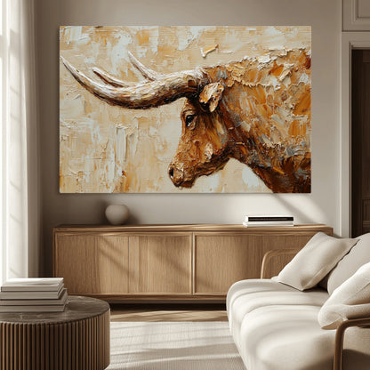 69611428-MGV-CV-36X24-Longhorn Bull Wall Art – Rustic Western Canvas Print, Textured Farmhouse Cattle Painting for Living Room, Office, or Ranch House