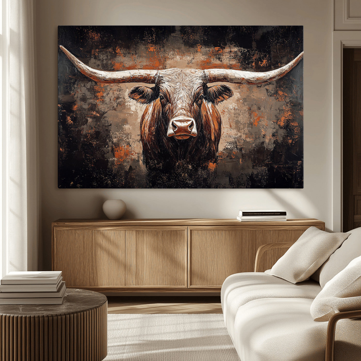 24779067-MGV-CV-36X24-Longhorn Bull Wall Art – Western Rustic Canvas Print, Bold Cowboy Cattle Painting for Ranch House, Farmhouse, Office, or Living