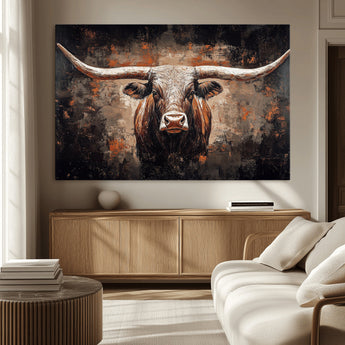 24779067-MGV-CV-36X24-Longhorn Bull Wall Art – Western Rustic Canvas Print, Bold Cowboy Cattle Painting for Ranch House, Farmhouse, Office, or Living