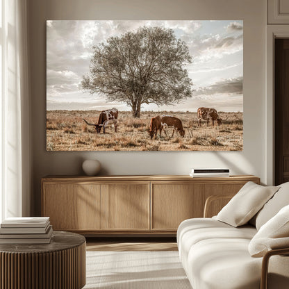 87590224-MGV-CV-36X24-Longhorn Cattle Wall Art – Rustic Western Landscape Canvas Print, Texas Farmhouse Prairie Scene for Living Room, Office, or Ranch