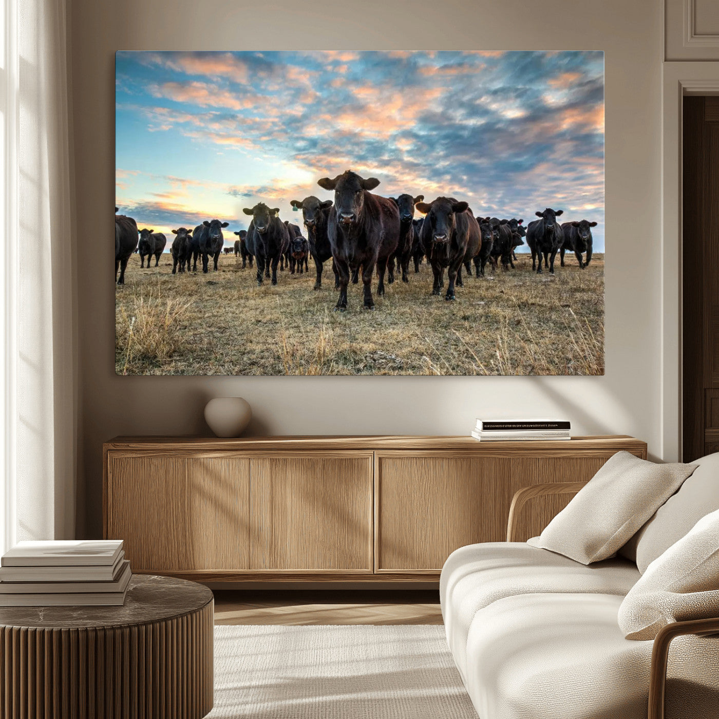 13867292-MGV-CV-36X24-Black Cattle Wall Art – Rustic Ranch Herd Canvas Print, Western Farmhouse Country Landscape Decor for Living Room, Office, or