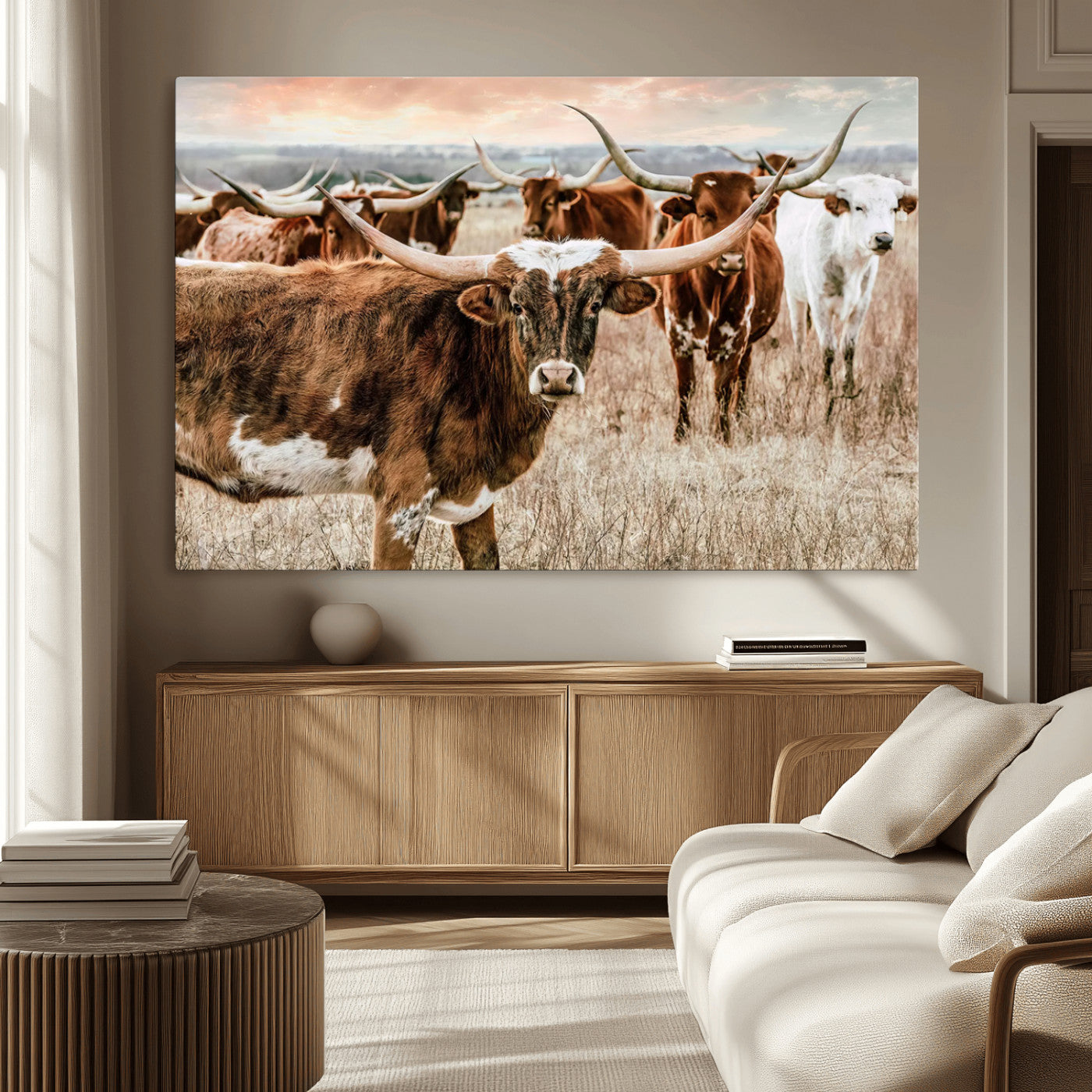 47758300-MGV-CV-36X24-Texas Longhorn Cattle Wall Art – Rustic Western Herd Canvas Print, Cowboy Ranch Farmhouse Decor for Living Room, Office, or