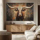 19204445-MGV-CV-36X24-Texas Longhorn Bull Wall Art – Rustic Western Canvas Print, Bold Cowboy Cattle Painting for Ranch House, Farmhouse, Office, or