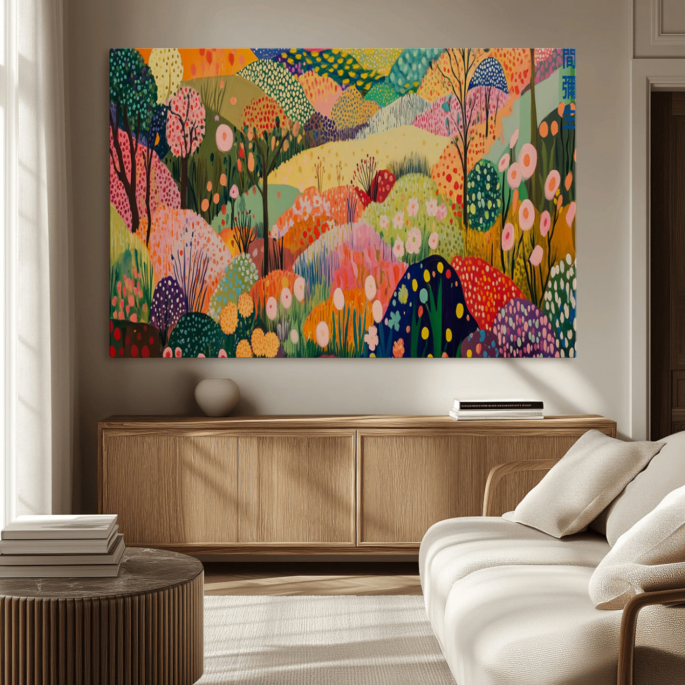 79636380-MGV-CV-36X24-Colorful Abstract Landscape Wall Art – Vibrant Hills and Flowers Canvas Print, Modern Whimsical Artwork for Living Room, Bedroom,