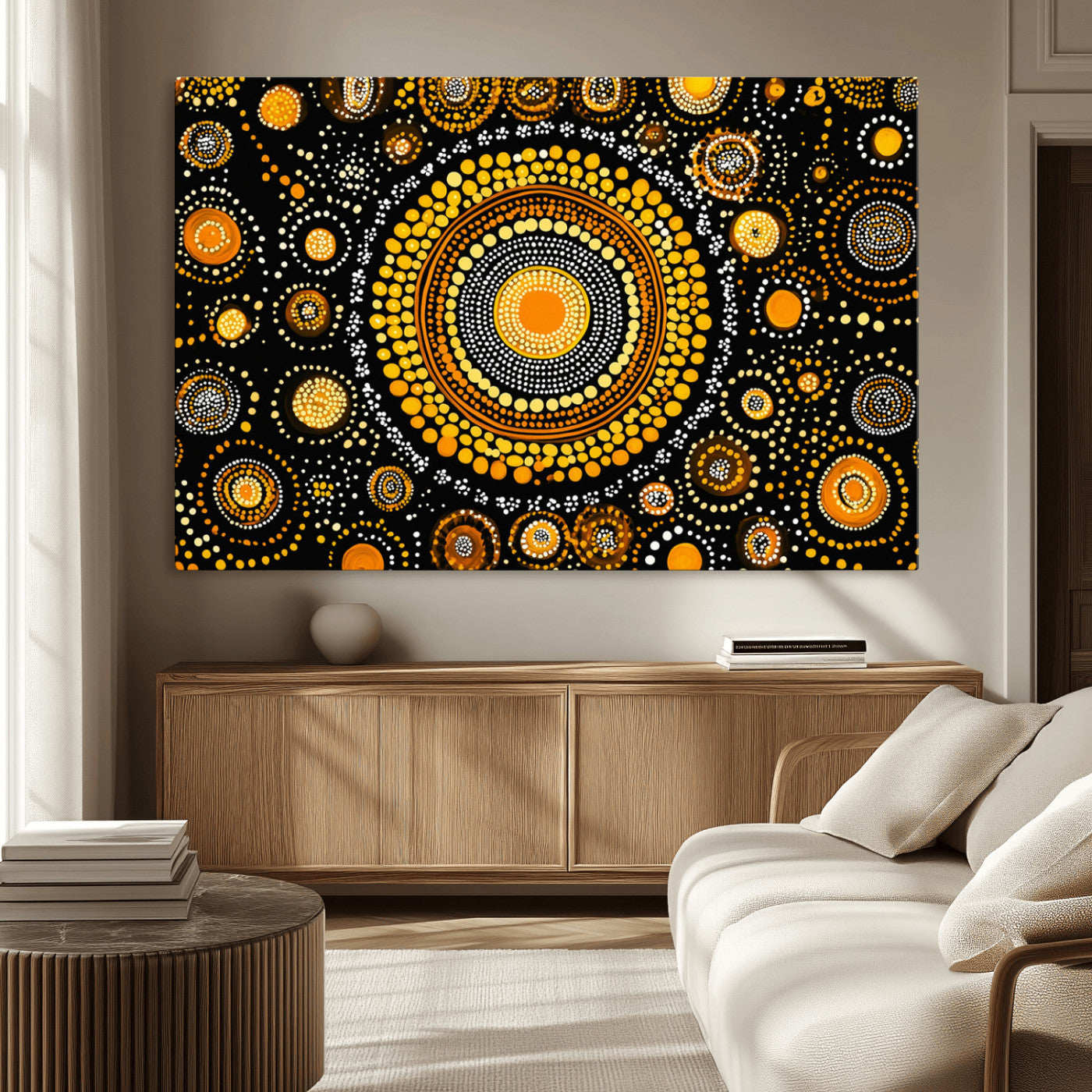 45478523-MGV-CV-36X24-Abstract Circle Wall Art – Bold Black and Gold Dot Painting Canvas Print, Modern Geometric Mandala Style Decor for Living Room or