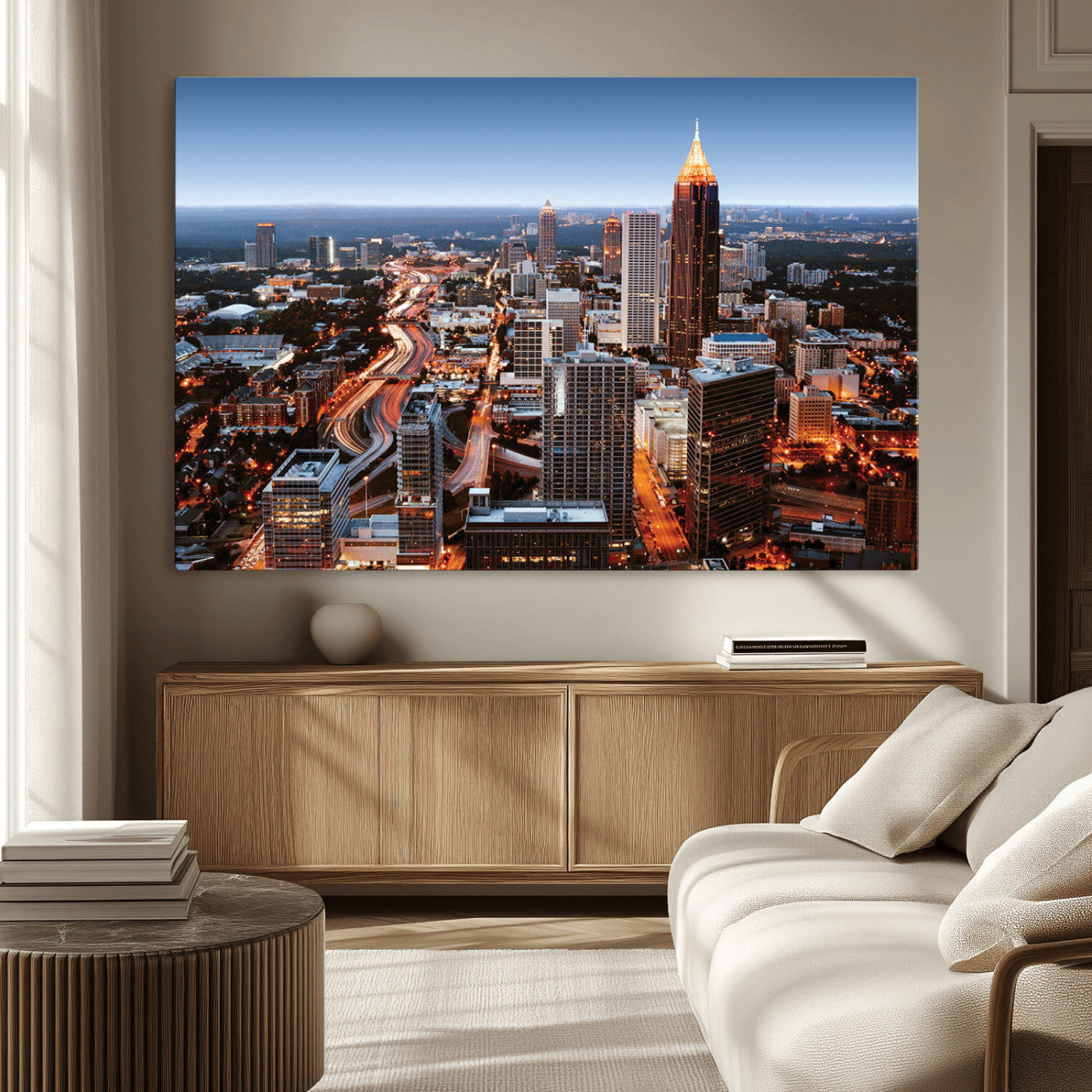25096967-MGV-CV-36X24-Atlanta Skyline Wall Art – Vibrant Cityscape Canvas Print, Modern Night Lights Urban Decor for Office, Living Room, or Apartment