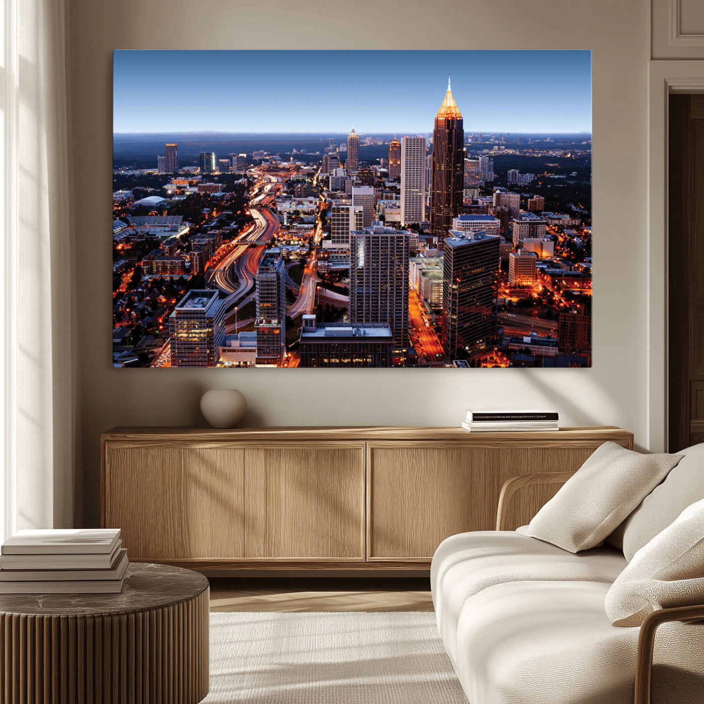81886632-MGV-CV-36X24-Atlanta Skyline Wall Art – Vibrant City Lights Canvas Print, Modern Urban Cityscape Decor for Living Room, Office, or Apartment