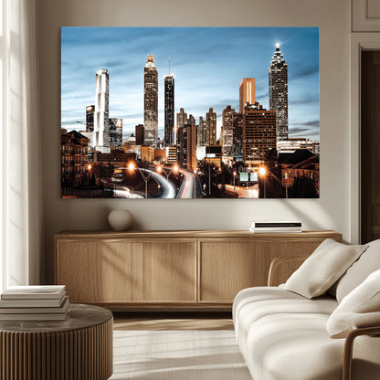 23859158-MGV-CV-36X24-Atlanta Skyline Wall Art – Modern Cityscape Canvas Print with Night Lights and Traffic Trails, Urban Decor for Office, Apartment,