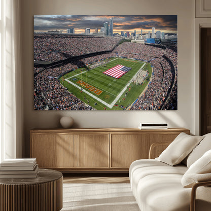 98106777-MGV-CV-36X24-Soldier Field Wall Art – Chicago Bears Stadium Canvas Print with American Flag, Game Day Football Decor for Man Cave, Bar, or