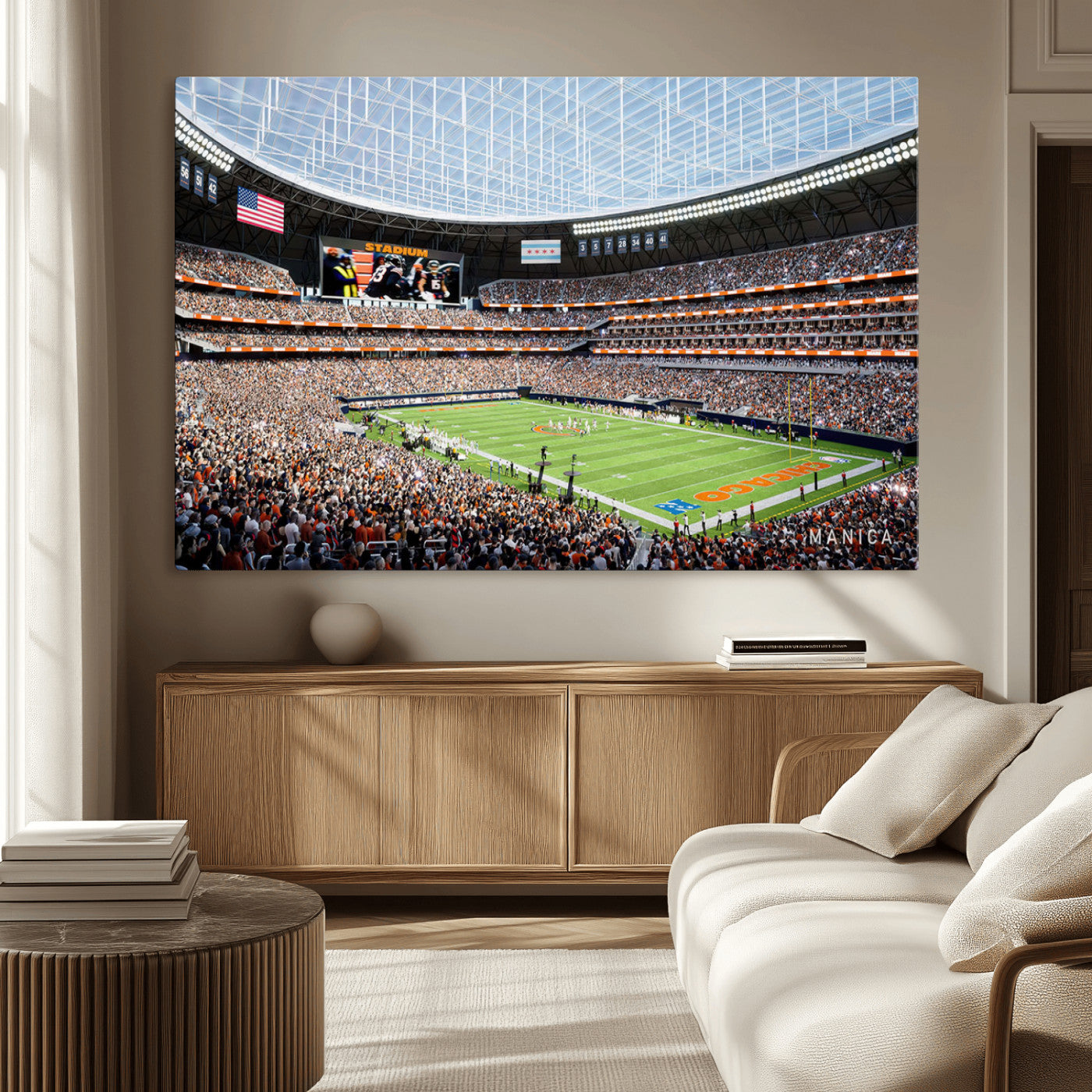 32530647-MGV-CV-36X24-Chicago Bears Stadium Wall Art – Futuristic Dome Arena Canvas Print, Modern Football Concept Design Decor for Man Cave, Bar, or